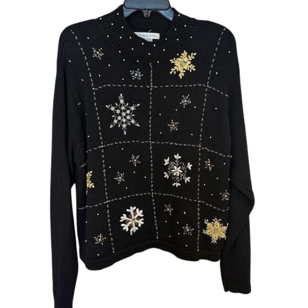 Victoria Jones Women's Black Beaded Embroidered Christmas Sweater XL Holiday
